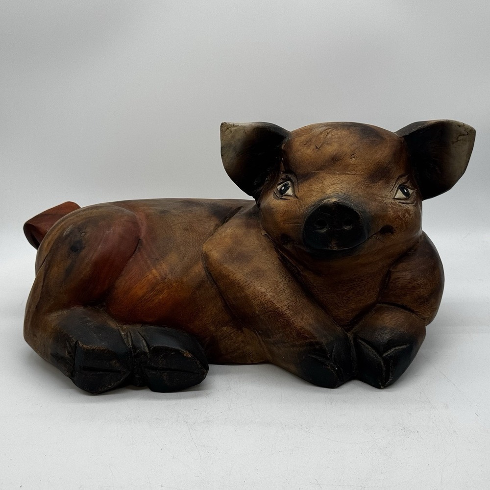 Vtg Folk Art Hand Carved Wood Pig Sculpture Home Office Decor Bow Rustic 12"+
